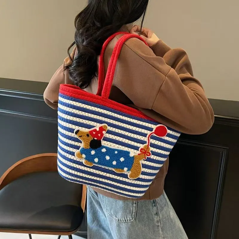 Large Capacity Cute Puppy Ladies Handbag Hand Woven Large Capacity Vegetable Basket Dachshund Dog Bag Wholesale display picture 13
