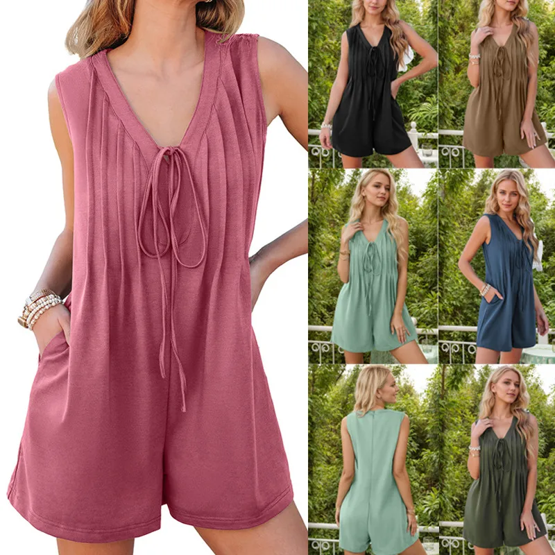 Spring And Summer    Foreign Trade Street Trenders Sleeveless Shorts V-Neck Tether Pleated Jetsuit Women's Top display picture 2