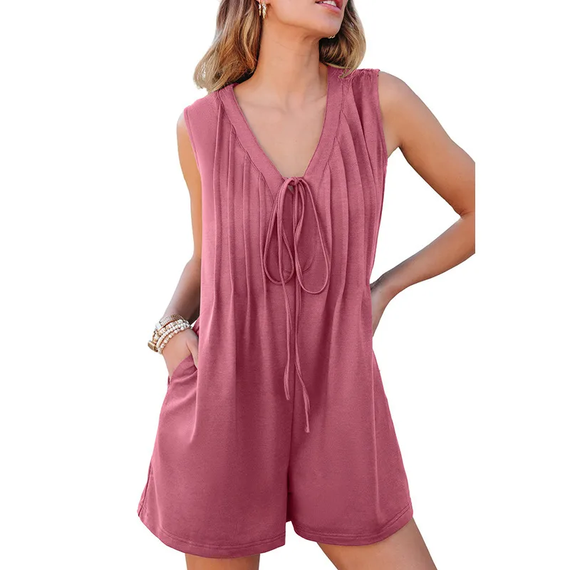 Spring And Summer    Foreign Trade Street Trenders Sleeveless Shorts V-Neck Tether Pleated Jetsuit Women's Top display picture 6