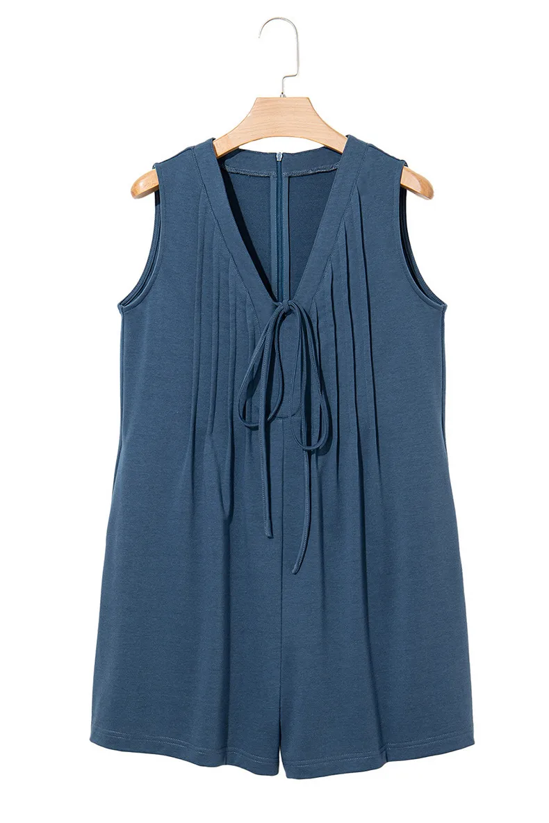 Spring And Summer    Foreign Trade Street Trenders Sleeveless Shorts V-Neck Tether Pleated Jetsuit Women's Top display picture 18
