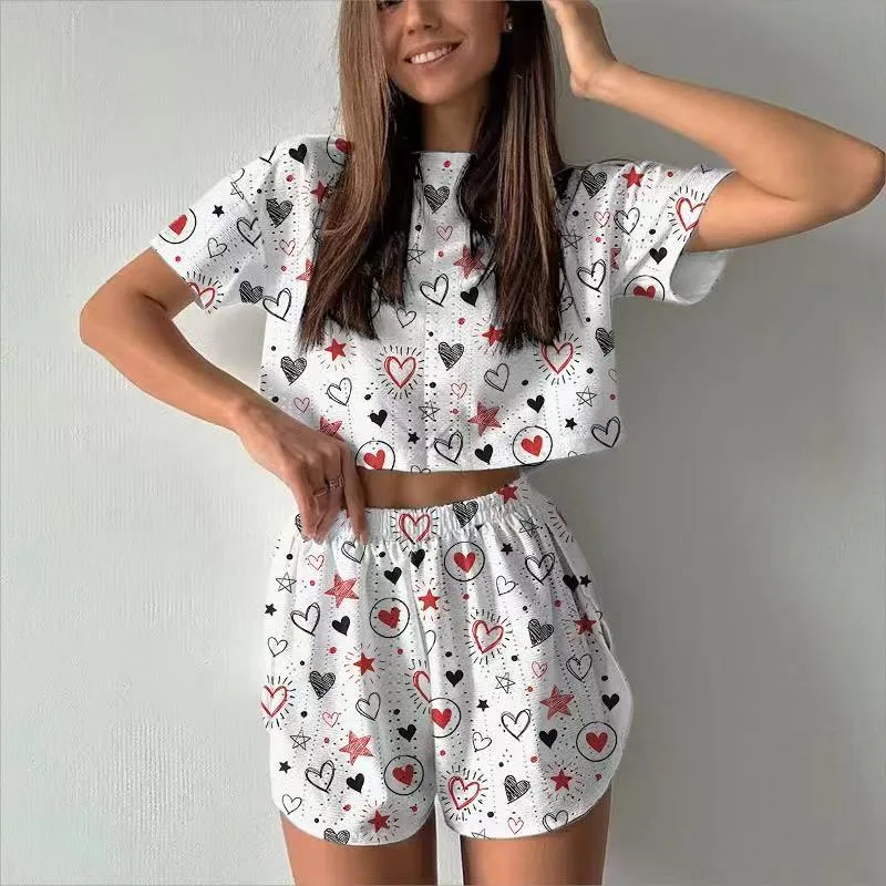 Women's Short-sleeved Shorts Jacquard Printed Summer Fashion Two-piece Pajamas Home Clothes Suit display picture 1