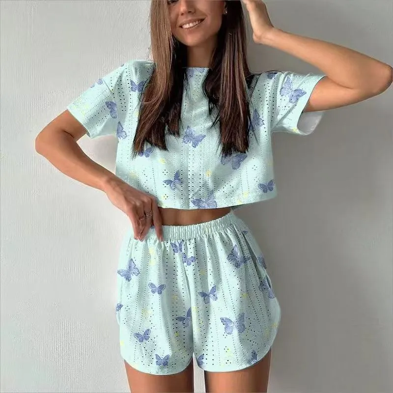 Women's Short-sleeved Shorts Jacquard Printed Summer Fashion Two-piece Pajamas Home Clothes Suit display picture 5