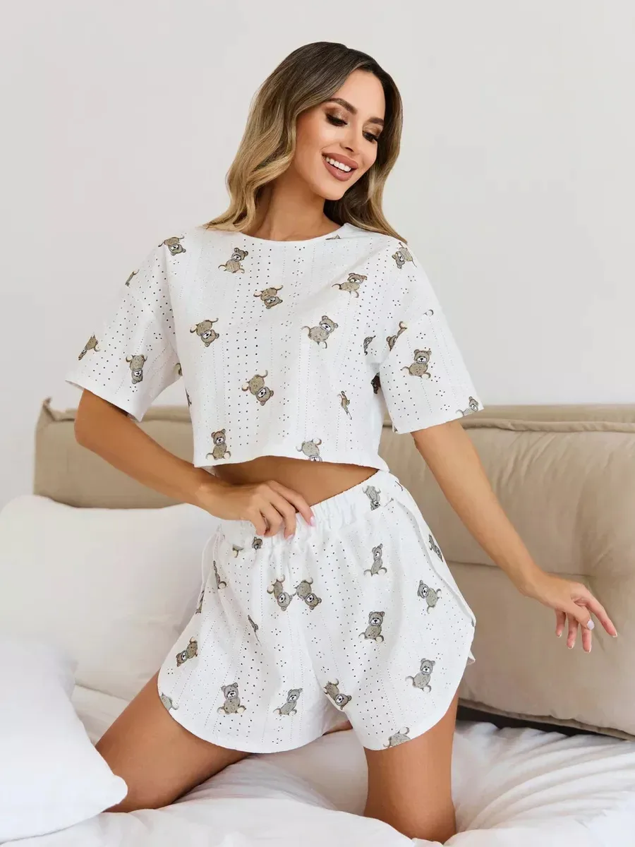 Women's Short-sleeved Shorts Jacquard Printed Summer Fashion Two-piece Pajamas Home Clothes Suit display picture 17