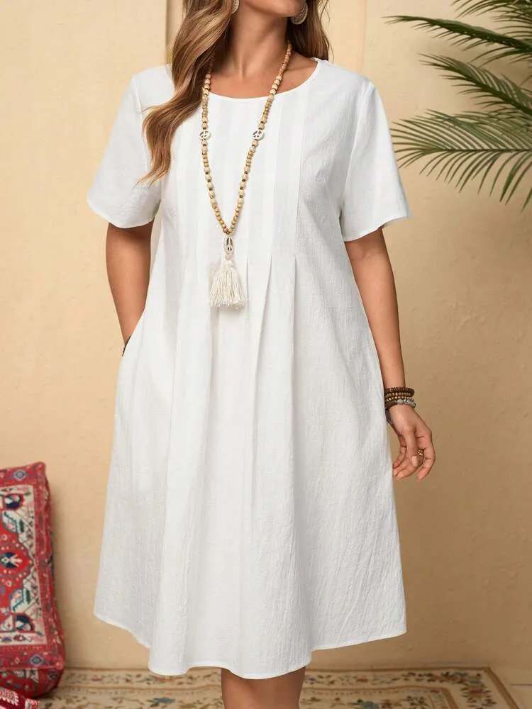 Spring And Summer Europe And The United States   Independent Station Retro Loose Pocket Solid Color Round Neck Women's Cotton And Linen Dress display picture 2