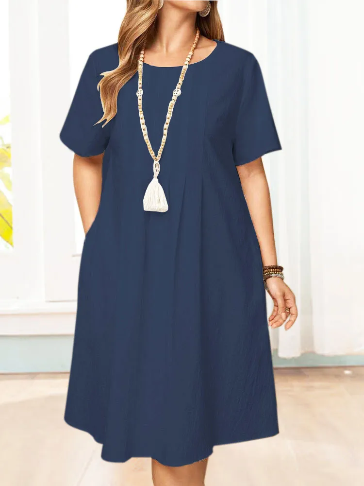 Spring And Summer Europe And The United States   Independent Station Retro Loose Pocket Solid Color Round Neck Women's Cotton And Linen Dress display picture 4