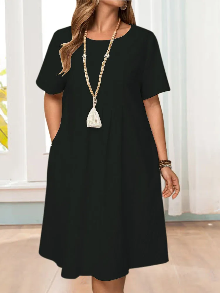Spring And Summer Europe And The United States   Independent Station Retro Loose Pocket Solid Color Round Neck Women's Cotton And Linen Dress display picture 5