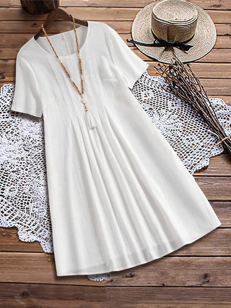 Spring And Summer Europe And The United States   Independent Station Retro Loose Pocket Solid Color Round Neck Women's Cotton And Linen Dress display picture 6