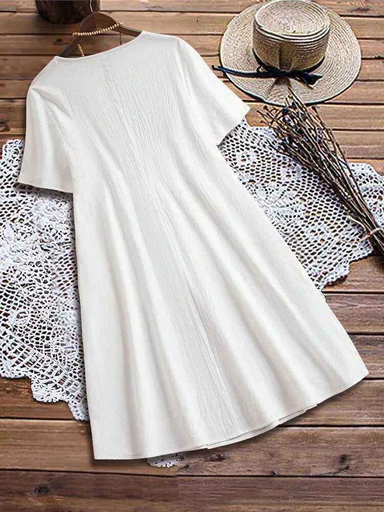 Spring And Summer Europe And The United States   Independent Station Retro Loose Pocket Solid Color Round Neck Women's Cotton And Linen Dress display picture 7