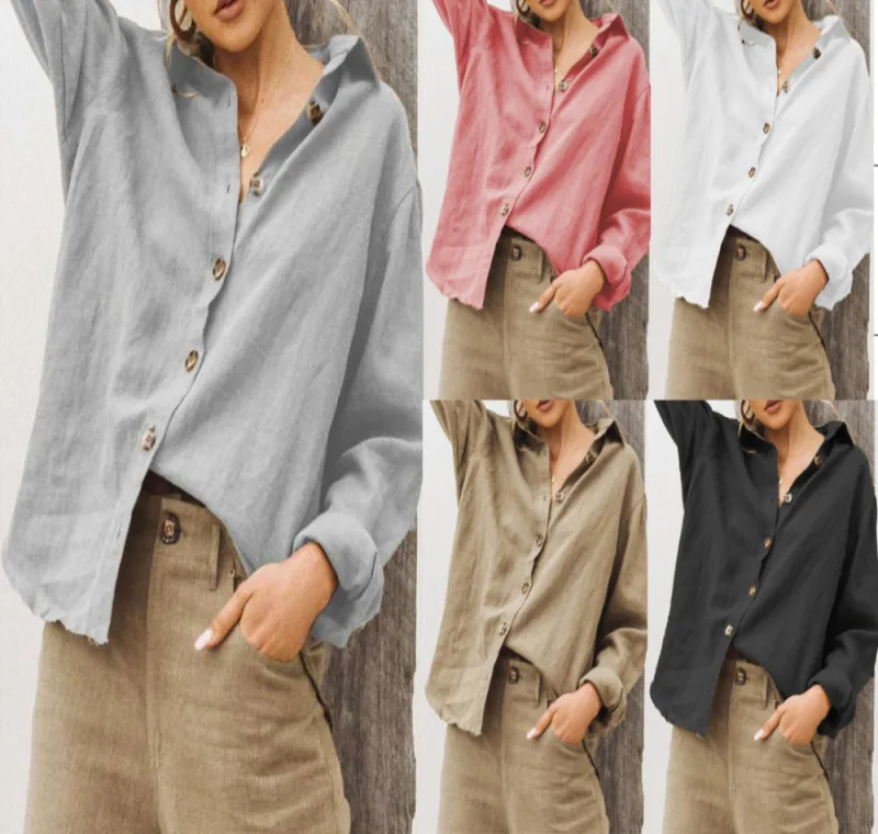 Autumn And Winter  For  Wish  Fashion Lapel Long Sleeve Cotton Linen Loose Women's Shirt display picture 2