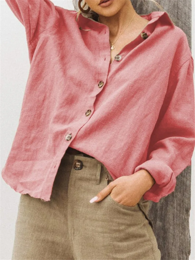 Autumn And Winter  For  Wish  Fashion Lapel Long Sleeve Cotton Linen Loose Women's Shirt display picture 3