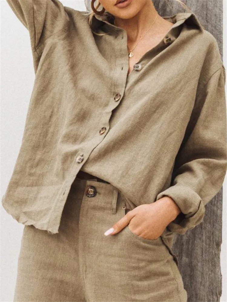 Autumn And Winter  For  Wish  Fashion Lapel Long Sleeve Cotton Linen Loose Women's Shirt display picture 4