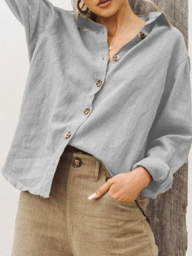 Autumn And Winter  For  Wish  Fashion Lapel Long Sleeve Cotton Linen Loose Women's Shirt display picture 7