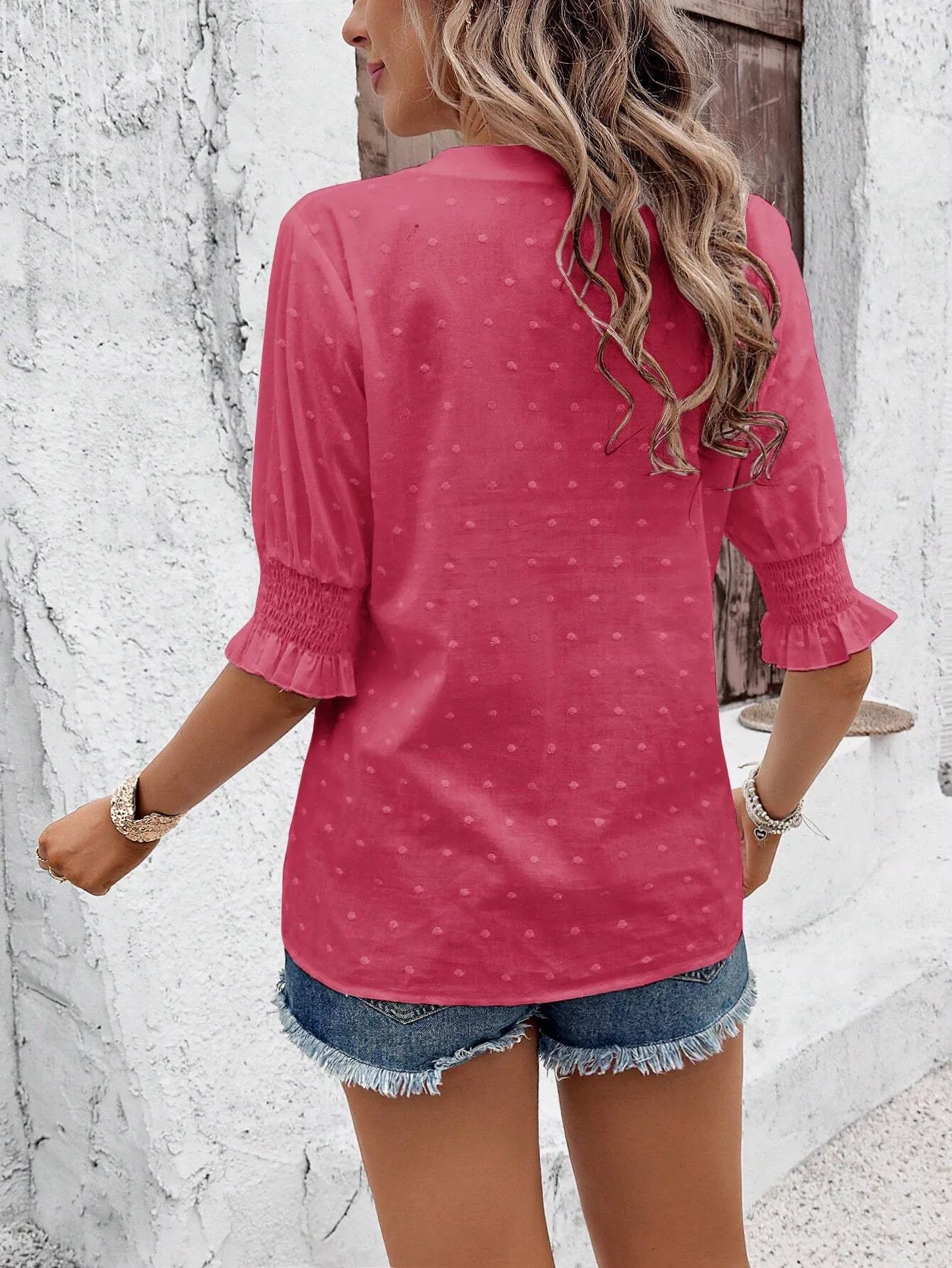 Spring And Summer    Export V-Neck Puff Sleeves Mid-Sleeve Cut Out Hair Ball Lace T-Shirt Tops For Women display picture 10