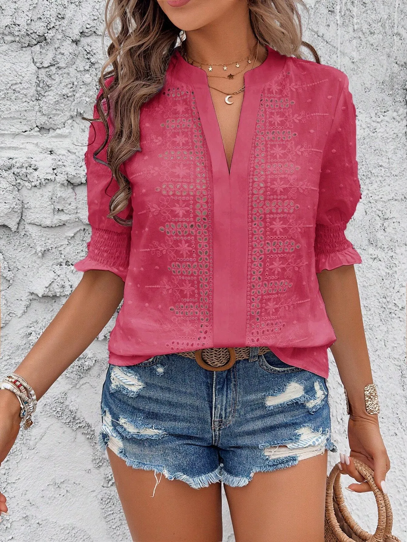 Spring And Summer    Export V-Neck Puff Sleeves Mid-Sleeve Cut Out Hair Ball Lace T-Shirt Tops For Women display picture 11