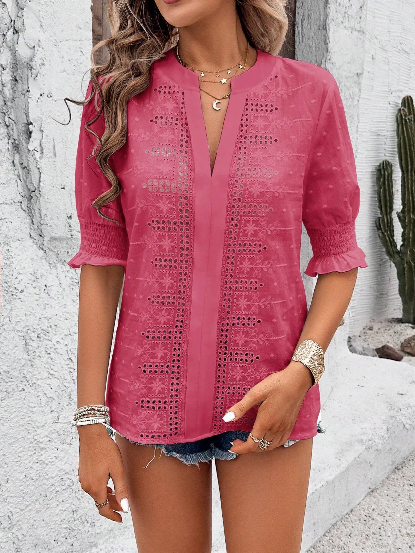 Spring And Summer    Export V-Neck Puff Sleeves Mid-Sleeve Cut Out Hair Ball Lace T-Shirt Tops For Women display picture 13