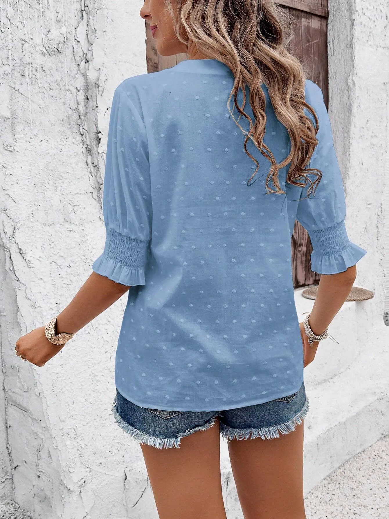 Spring And Summer    Export V-Neck Puff Sleeves Mid-Sleeve Cut Out Hair Ball Lace T-Shirt Tops For Women display picture 15
