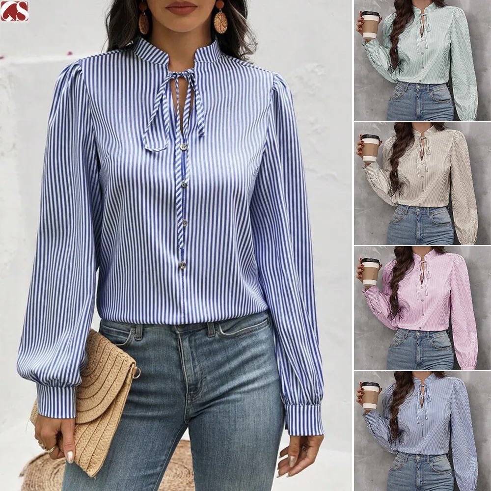 New Women's   Half-open Collar Lace-up Pullover Long-sleeved Elegant Commuter Striped Shirt display picture 1