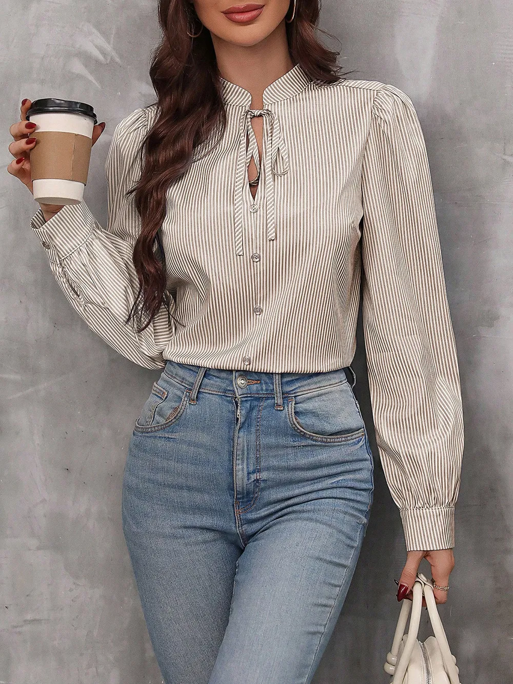 New Women's   Half-open Collar Lace-up Pullover Long-sleeved Elegant Commuter Striped Shirt display picture 2
