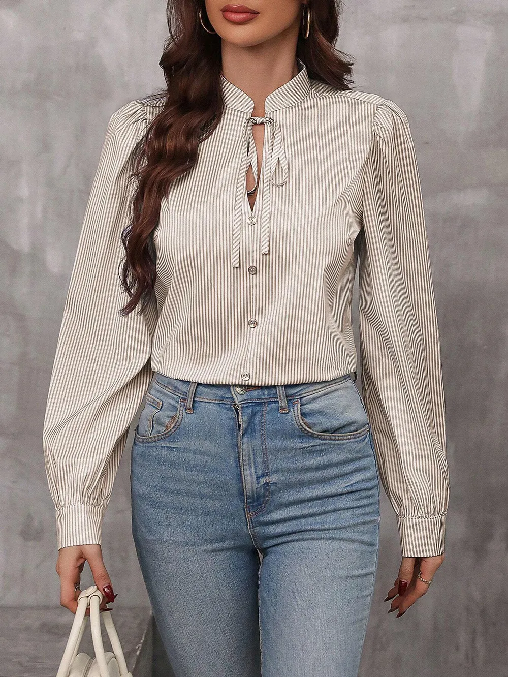 New Women's   Half-open Collar Lace-up Pullover Long-sleeved Elegant Commuter Striped Shirt display picture 3