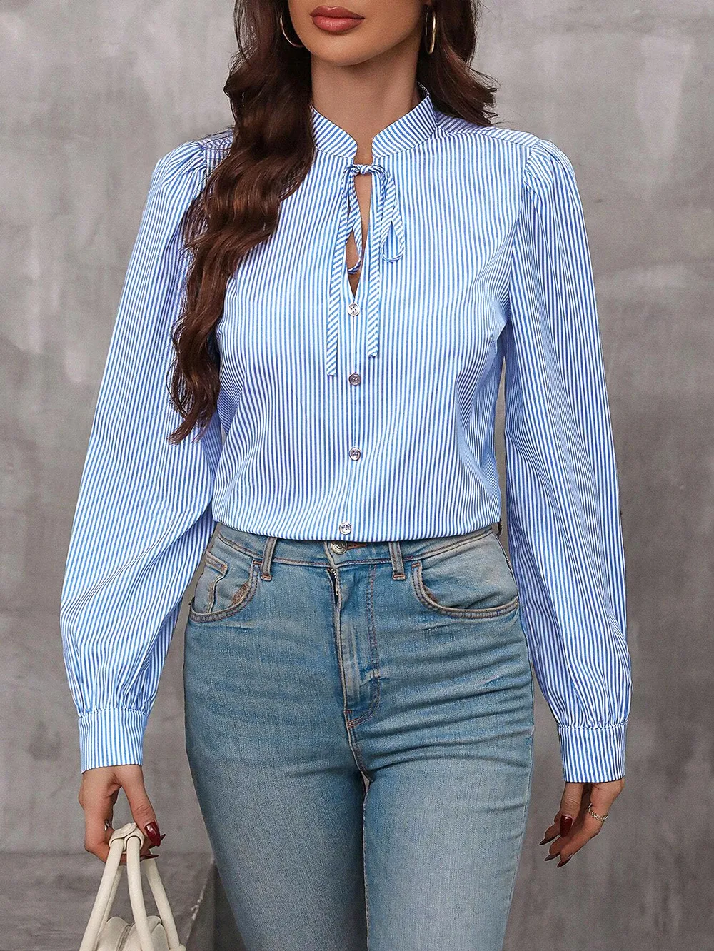 New Women's   Half-open Collar Lace-up Pullover Long-sleeved Elegant Commuter Striped Shirt display picture 8