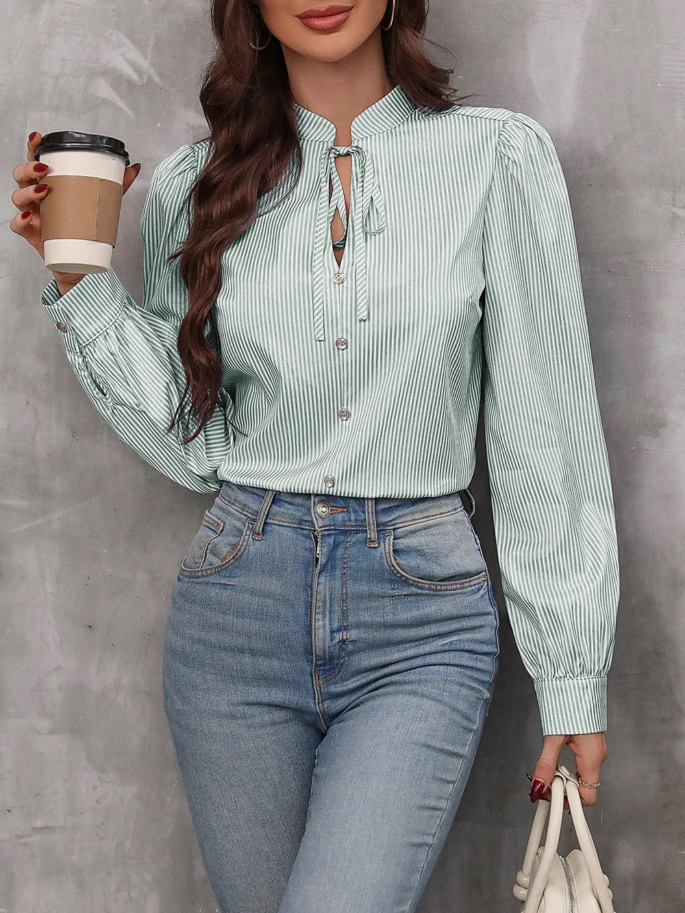 New Women's   Half-open Collar Lace-up Pullover Long-sleeved Elegant Commuter Striped Shirt display picture 10