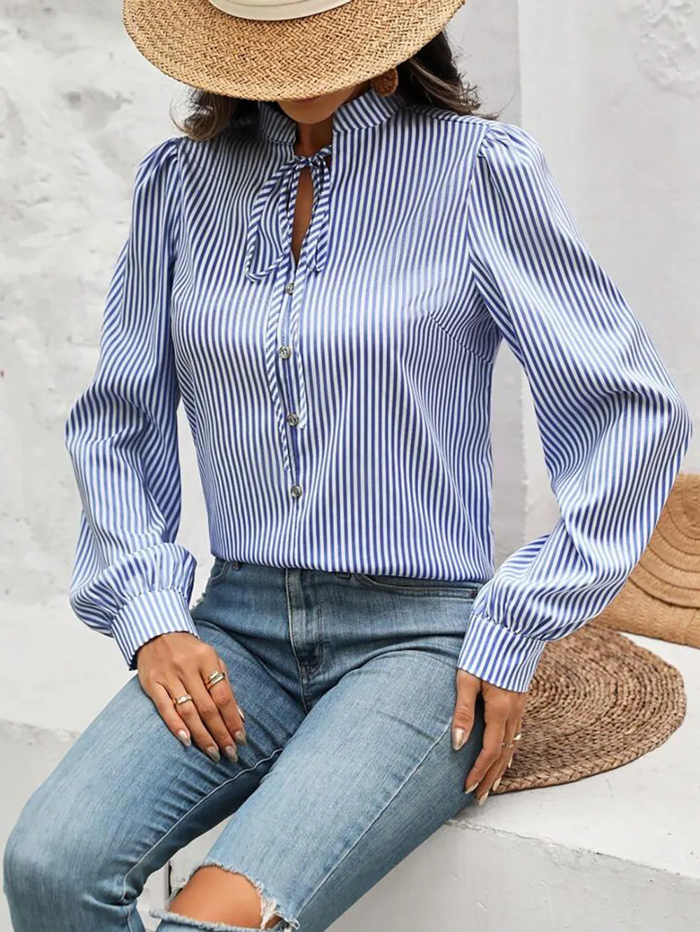 New Women's   Half-open Collar Lace-up Pullover Long-sleeved Elegant Commuter Striped Shirt display picture 14