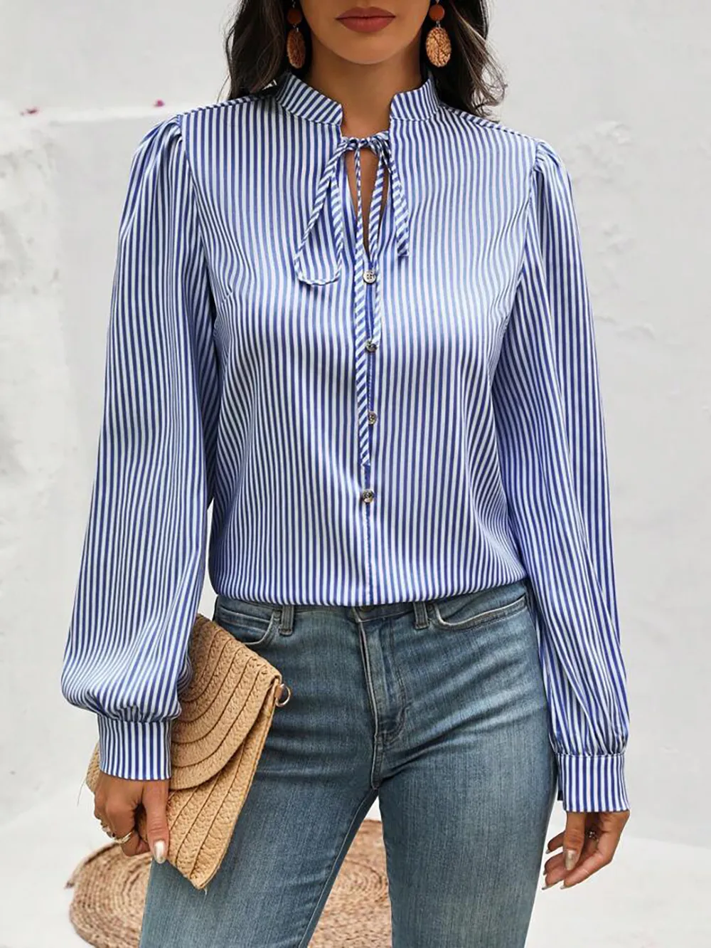 New Women's   Half-open Collar Lace-up Pullover Long-sleeved Elegant Commuter Striped Shirt display picture 16