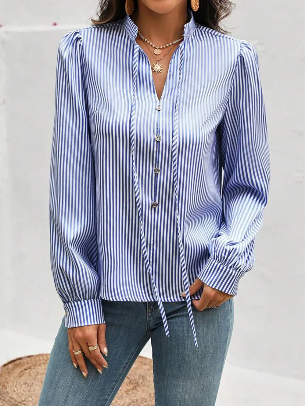 New Women's   Half-open Collar Lace-up Pullover Long-sleeved Elegant Commuter Striped Shirt display picture 17