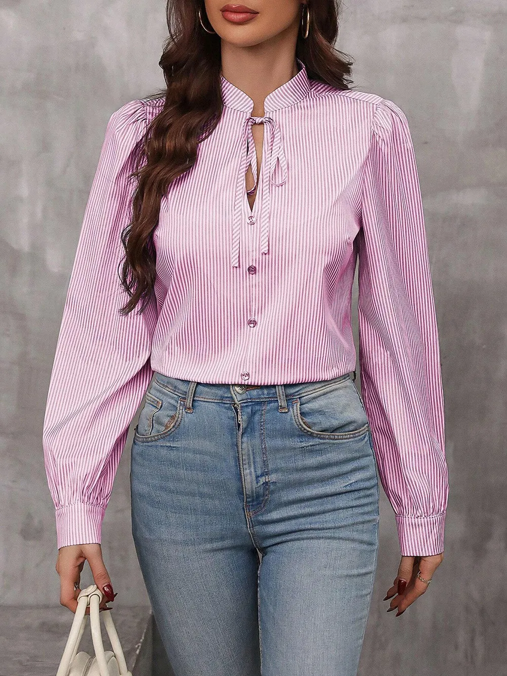 New Women's   Half-open Collar Lace-up Pullover Long-sleeved Elegant Commuter Striped Shirt display picture 19