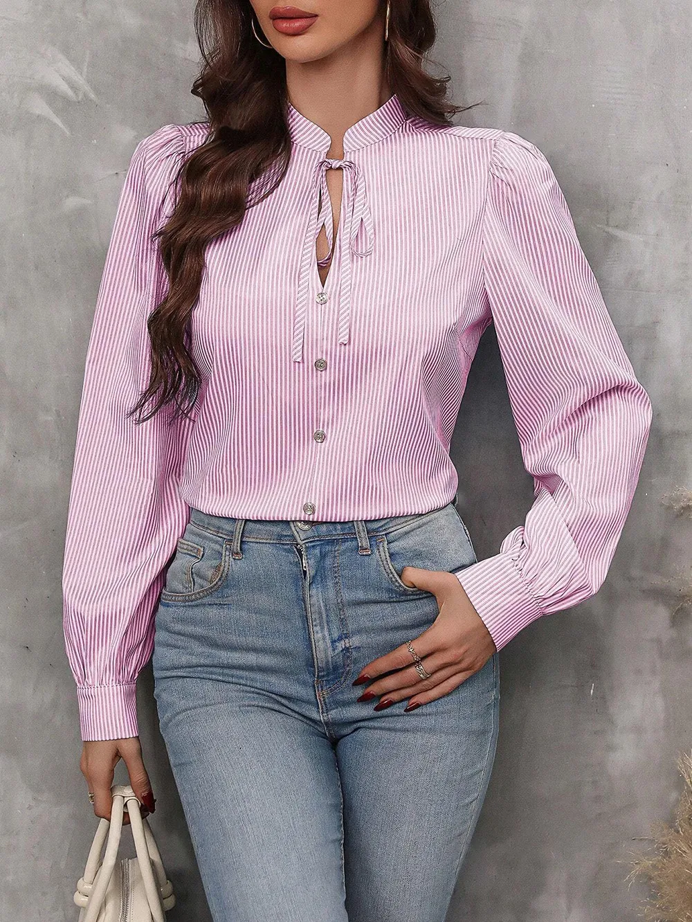New Women's   Half-open Collar Lace-up Pullover Long-sleeved Elegant Commuter Striped Shirt display picture 21
