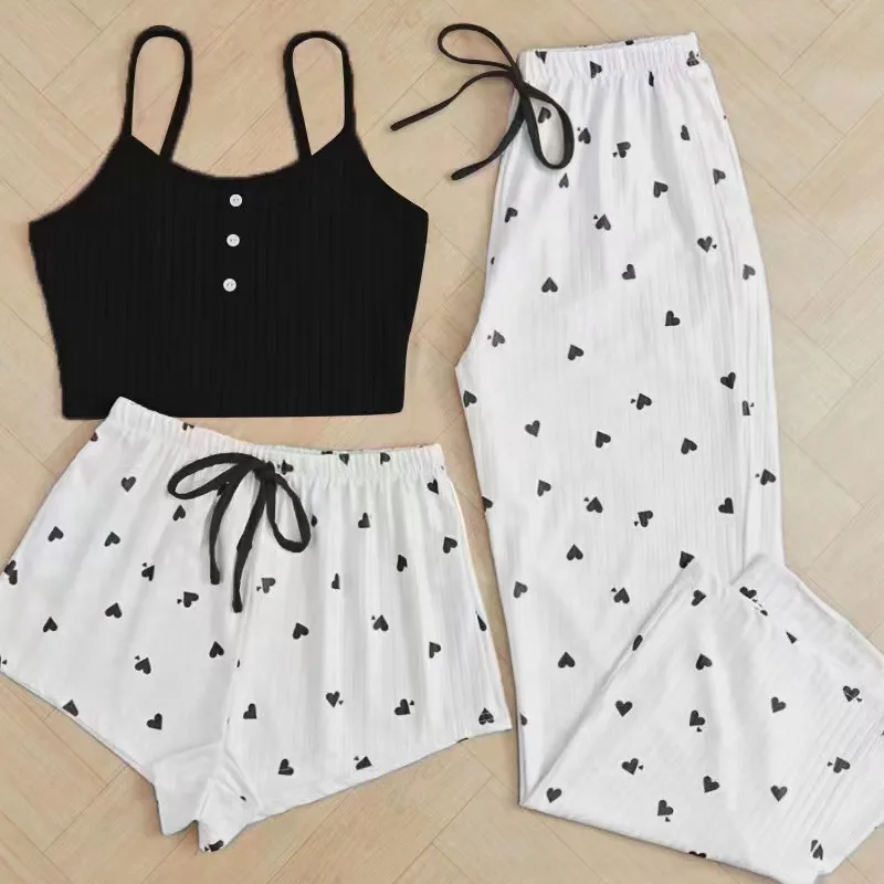 Popular Sexy Ribbed Home Wear Women's Pajamas Waist-Cinching Heart Print 3-Piece Set display picture 1