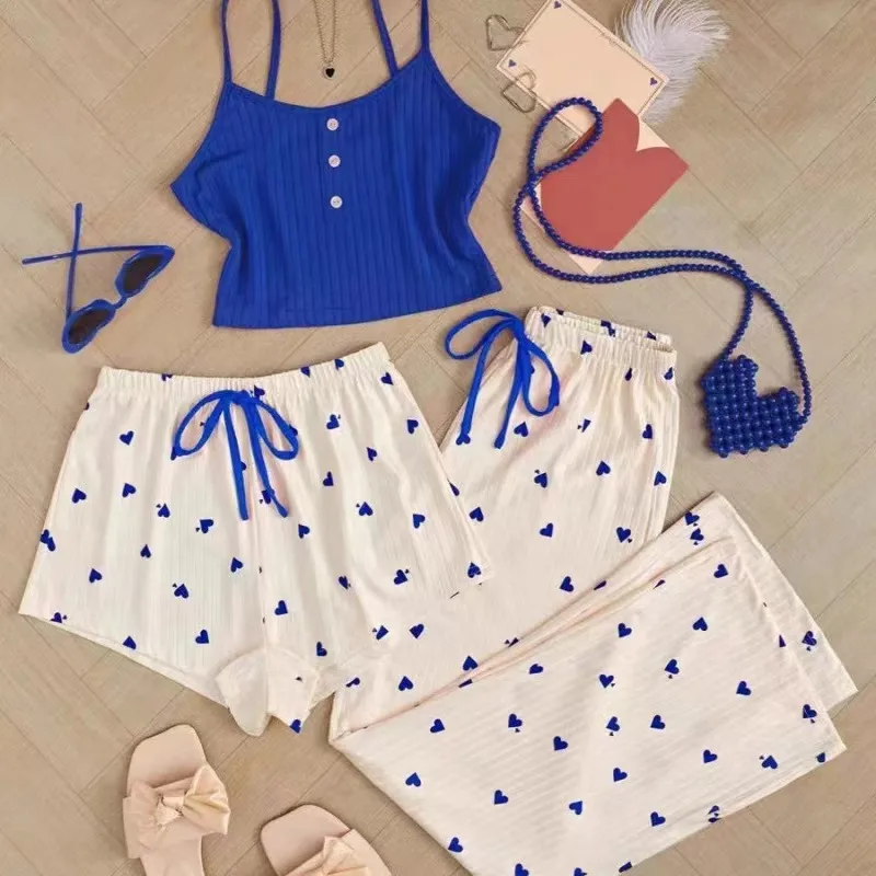 Popular Sexy Ribbed Home Wear Women's Pajamas Waist-Cinching Heart Print 3-Piece Set display picture 2