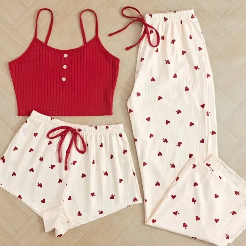 Popular Sexy Ribbed Home Wear Women's Pajamas Waist-Cinching Heart Print 3-Piece Set display picture 5