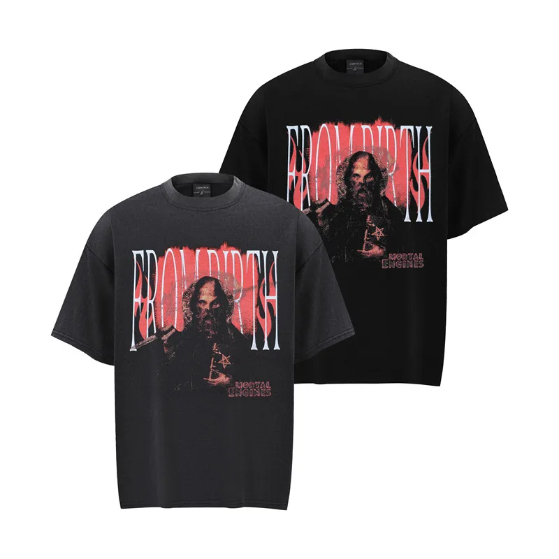 Jiayiku Men's  Summer American Street Fashion Brand Washed Tee Cultural Shirt Dark Character T-Shirt Short Sleeve display picture 2