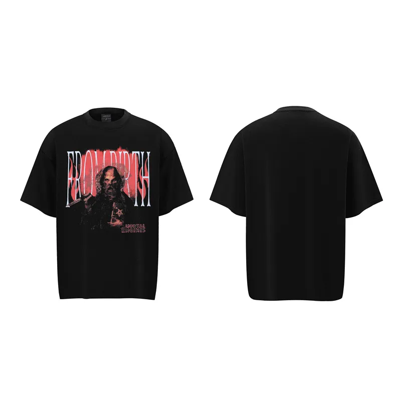 Jiayiku Men's  Summer American Street Fashion Brand Washed Tee Cultural Shirt Dark Character T-Shirt Short Sleeve display picture 7