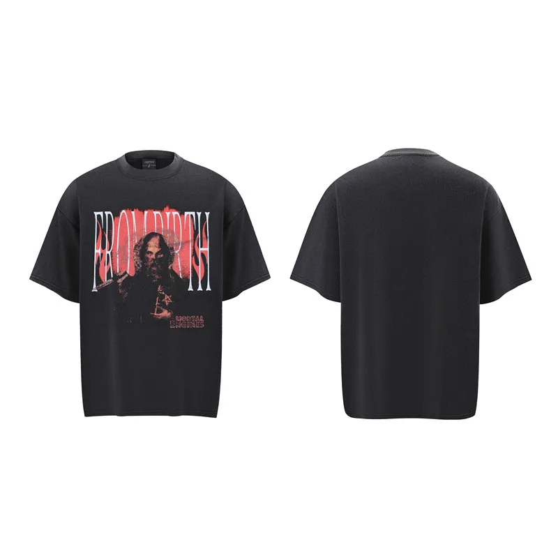 Jiayiku Men's  Summer American Street Fashion Brand Washed Tee Cultural Shirt Dark Character T-Shirt Short Sleeve display picture 8