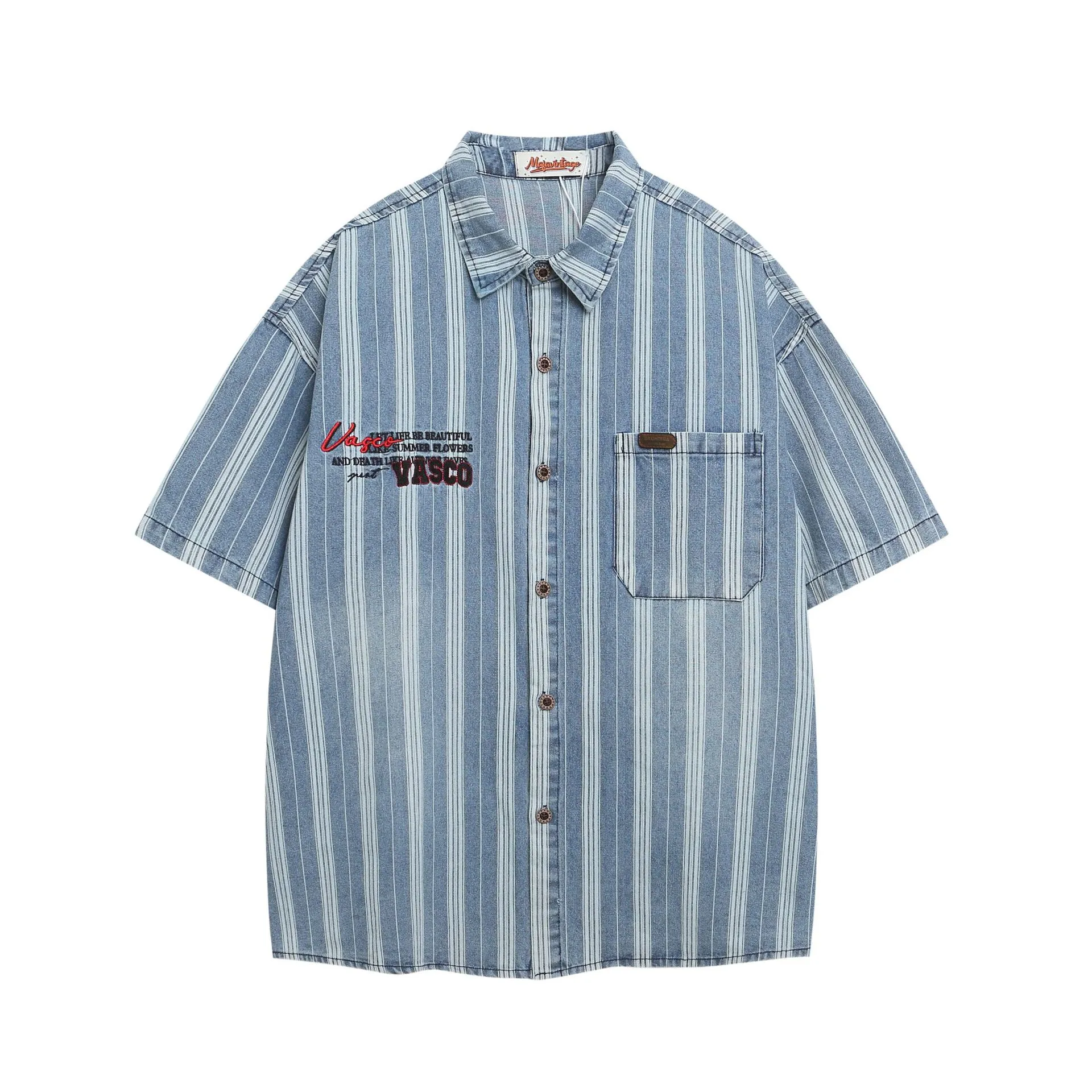 Jiayiku Men's Clothing  New American Mid-Century Trend Brand Washed Distressed Denim Striped Shirt Short Sleeve Vintage display picture 2