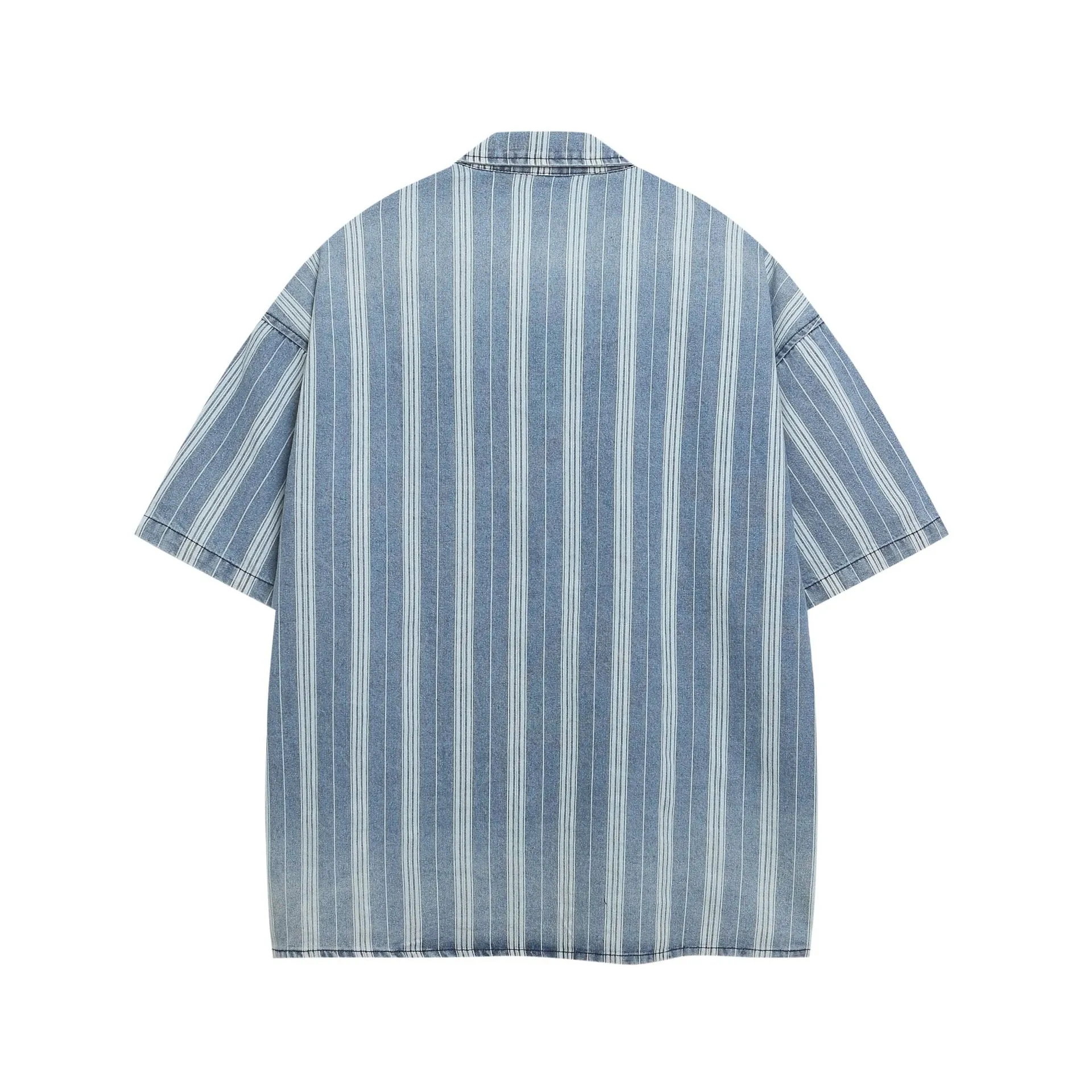Jiayiku Men's Clothing  New American Mid-Century Trend Brand Washed Distressed Denim Striped Shirt Short Sleeve Vintage display picture 3
