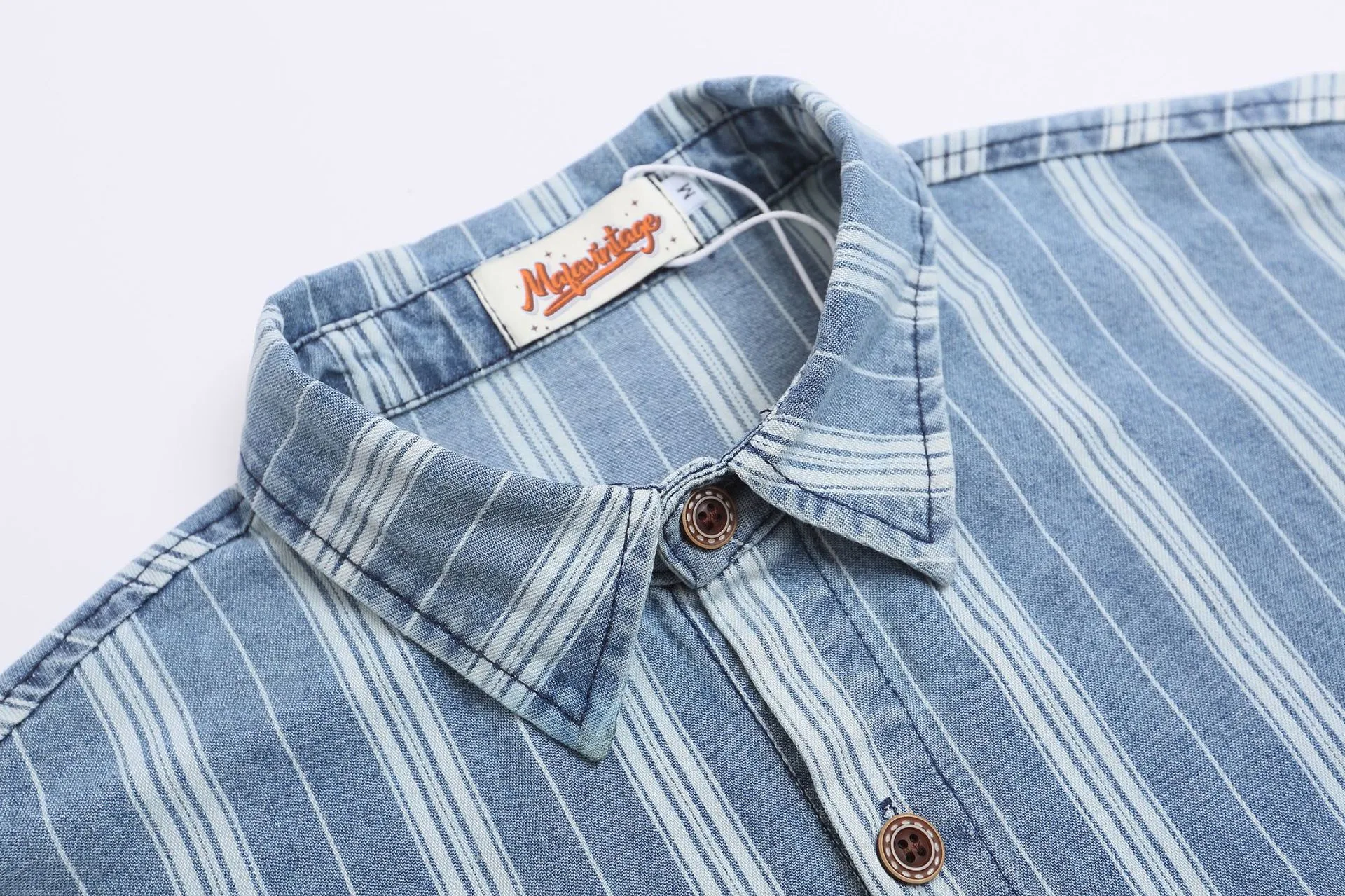 Jiayiku Men's Clothing  New American Mid-Century Trend Brand Washed Distressed Denim Striped Shirt Short Sleeve Vintage display picture 4