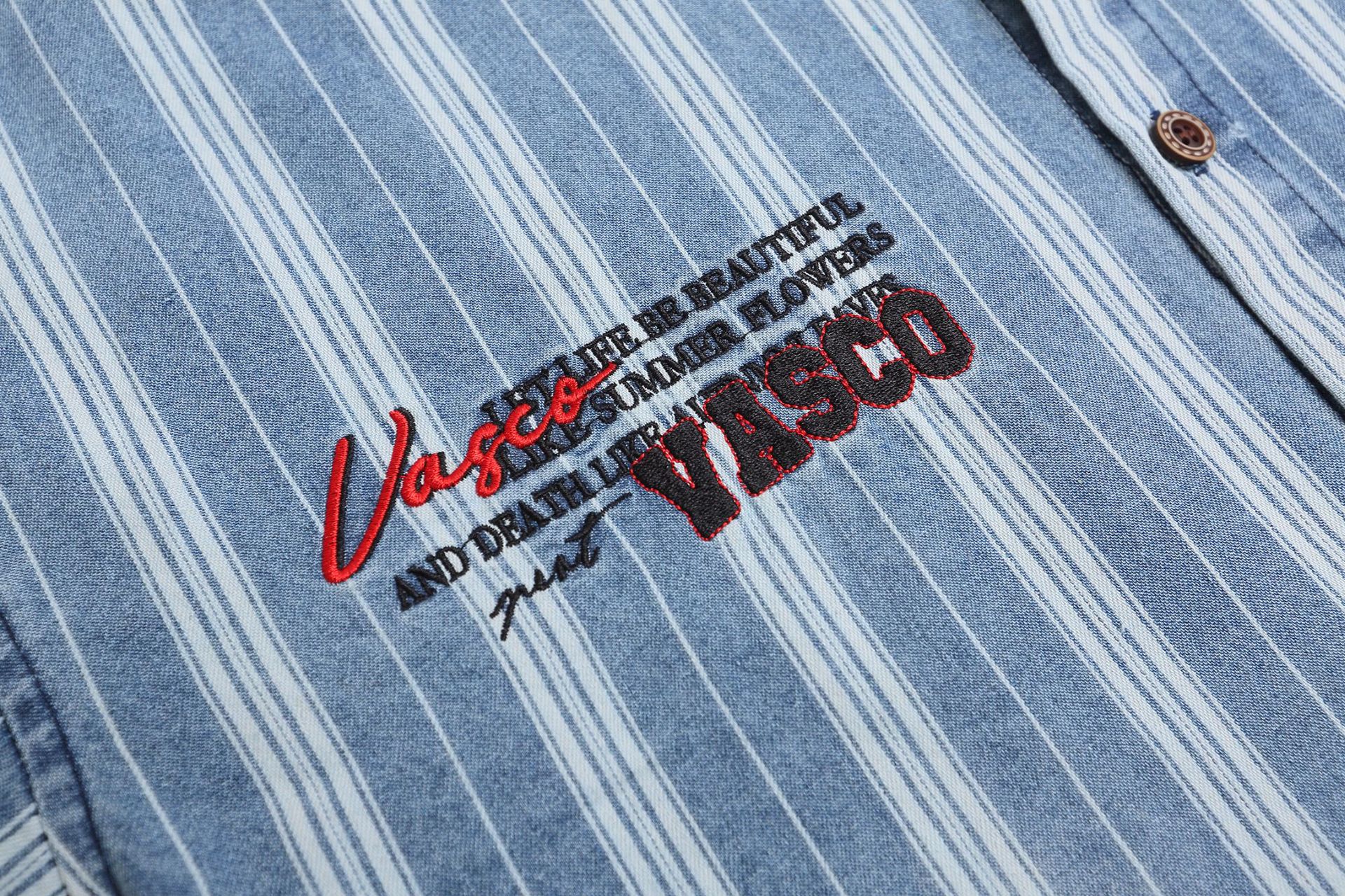 Jiayiku Men's Clothing  New American Mid-Century Trend Brand Washed Distressed Denim Striped Shirt Short Sleeve Vintage display picture 5