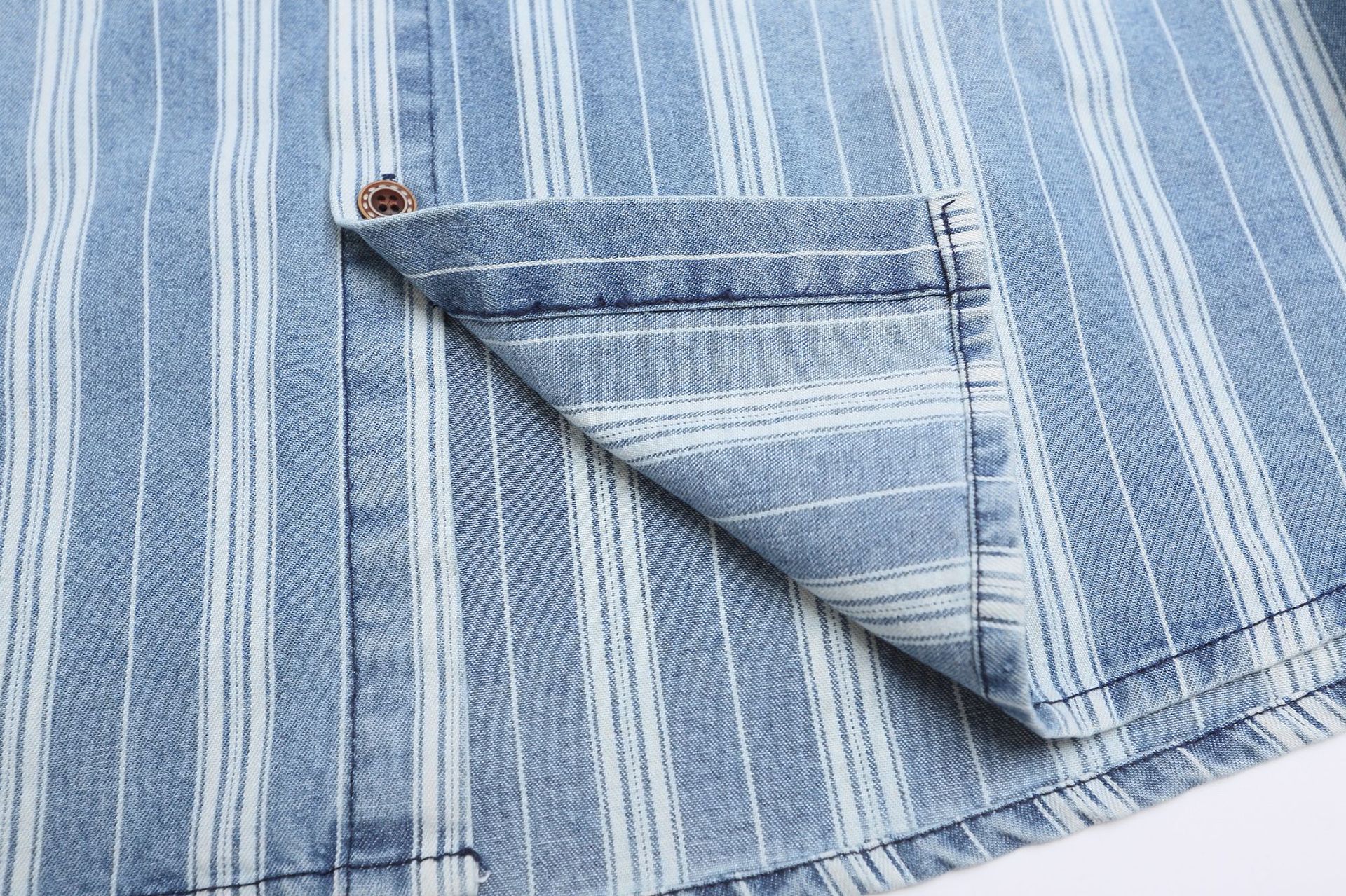 Jiayiku Men's Clothing  New American Mid-Century Trend Brand Washed Distressed Denim Striped Shirt Short Sleeve Vintage display picture 8