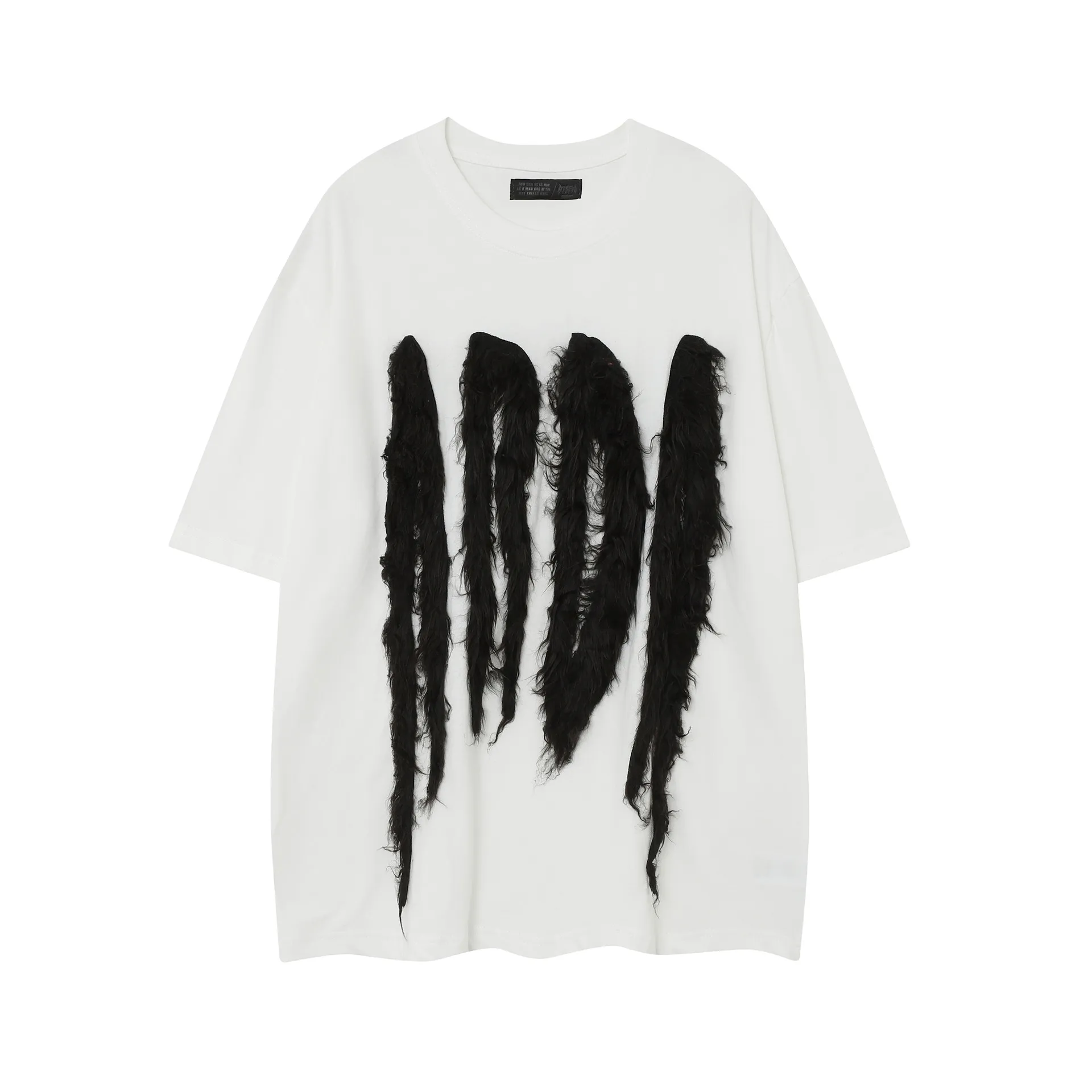 Jiayiku Men's T-Shirt Summer American Retro Hip-Hop Trendy Brand Heavy Fur Splicing Personalized Trendy T-Shirt Short Sleeves display picture 28