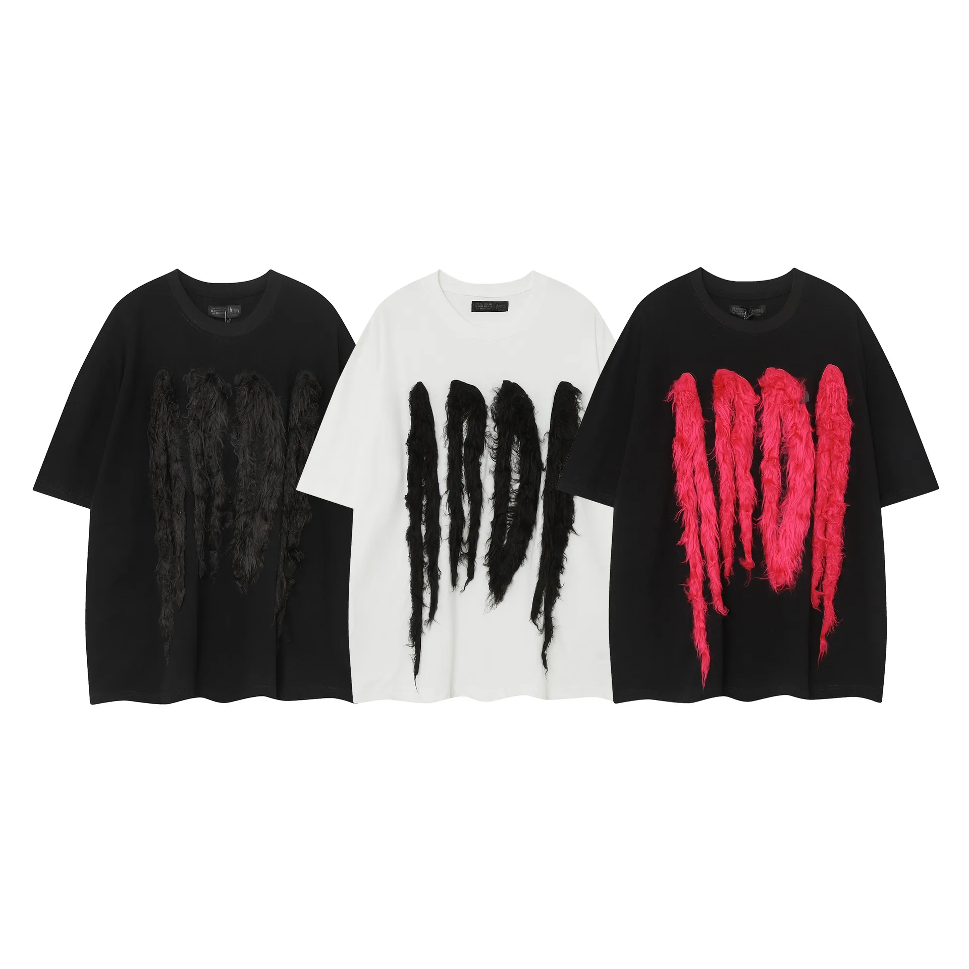 Jiayiku Men's T-Shirt Summer American Retro Hip-Hop Trendy Brand Heavy Fur Splicing Personalized Trendy T-Shirt Short Sleeves display picture 2