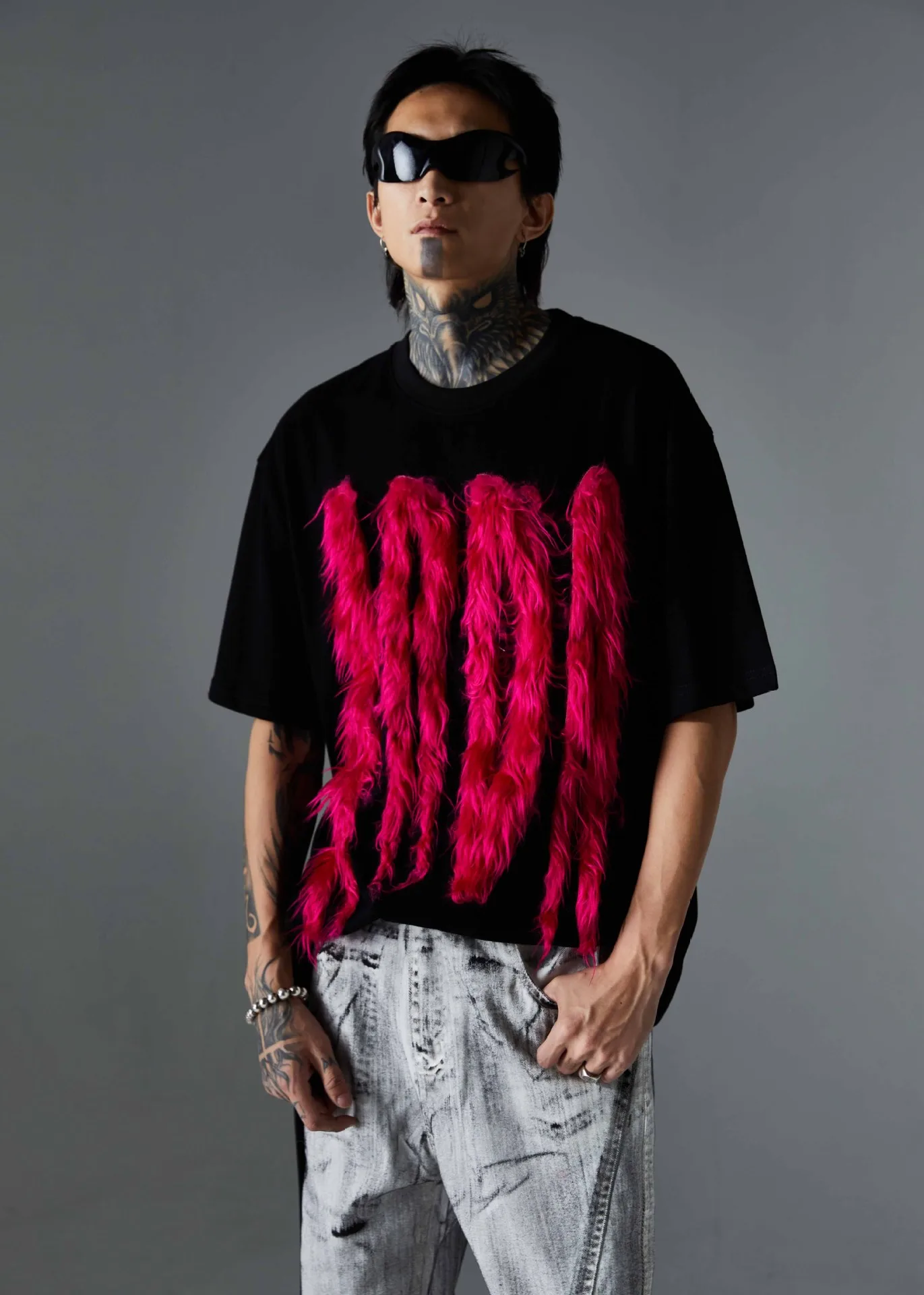 Jiayiku Men's T-Shirt Summer American Retro Hip-Hop Trendy Brand Heavy Fur Splicing Personalized Trendy T-Shirt Short Sleeves display picture 5