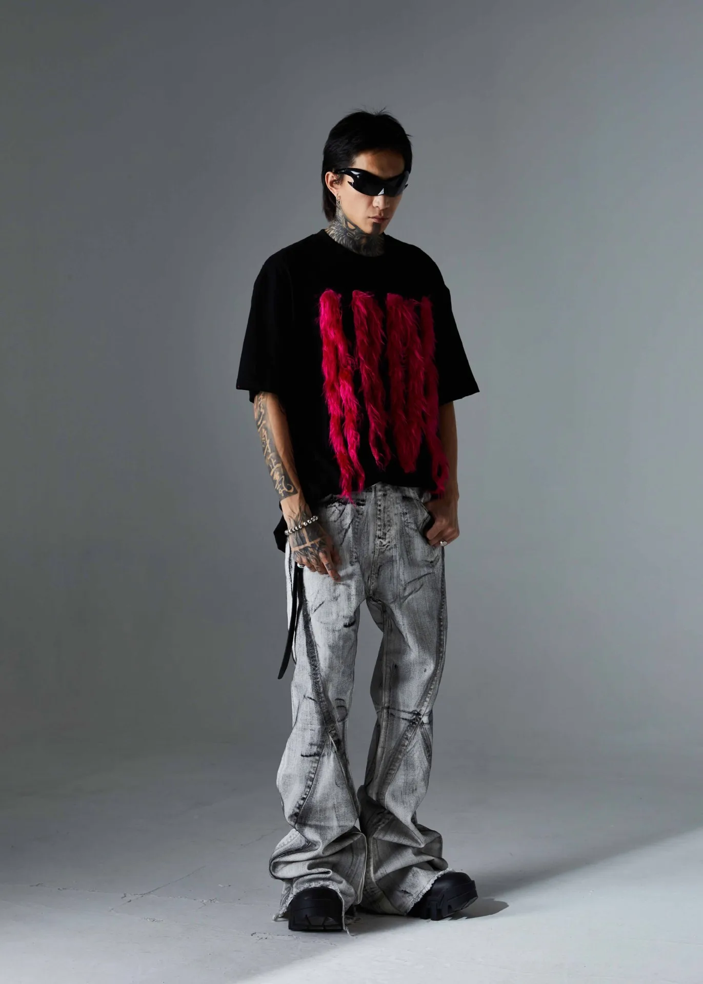 Jiayiku Men's T-Shirt Summer American Retro Hip-Hop Trendy Brand Heavy Fur Splicing Personalized Trendy T-Shirt Short Sleeves display picture 6