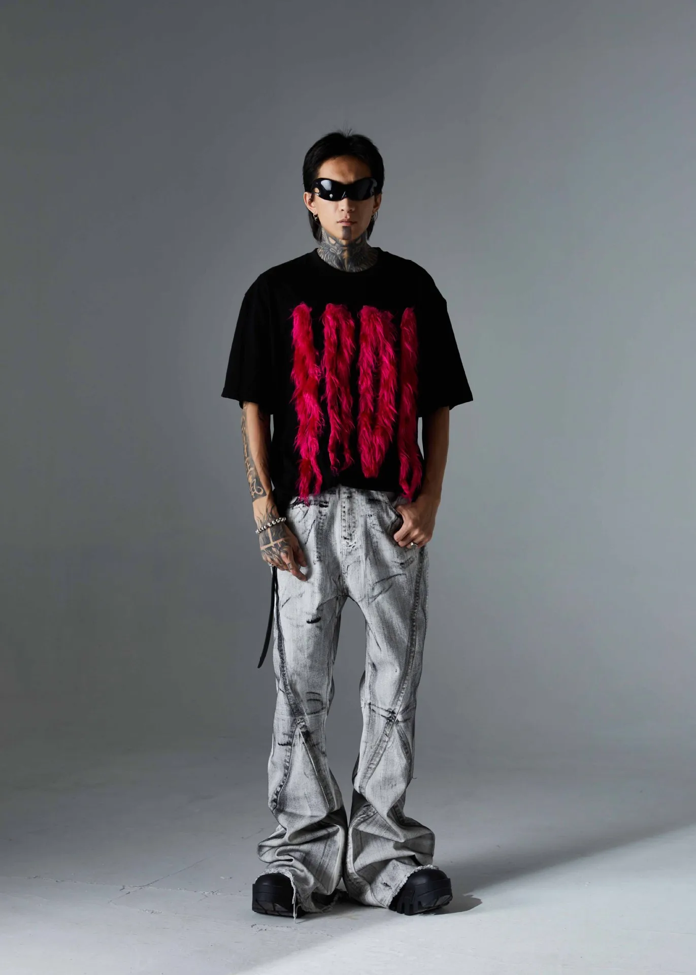 Jiayiku Men's T-Shirt Summer American Retro Hip-Hop Trendy Brand Heavy Fur Splicing Personalized Trendy T-Shirt Short Sleeves display picture 7