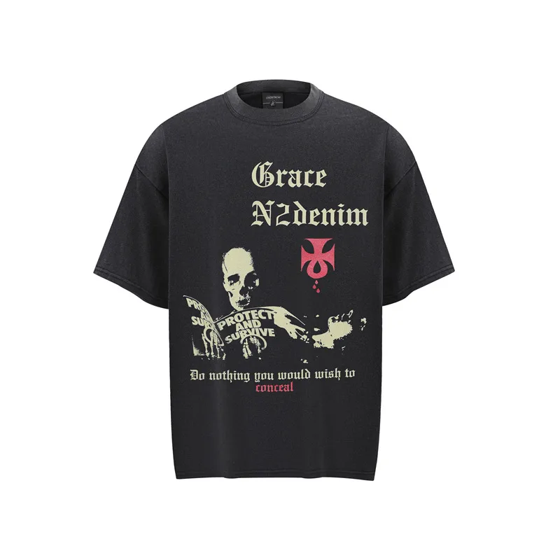 Jiayiku Men's Clothing  Summer American Street Hip-Hop Trendy Brand Tee Bottoming Shirt Dark Skull Short-Sleeved T-Shirt For Men display picture 3