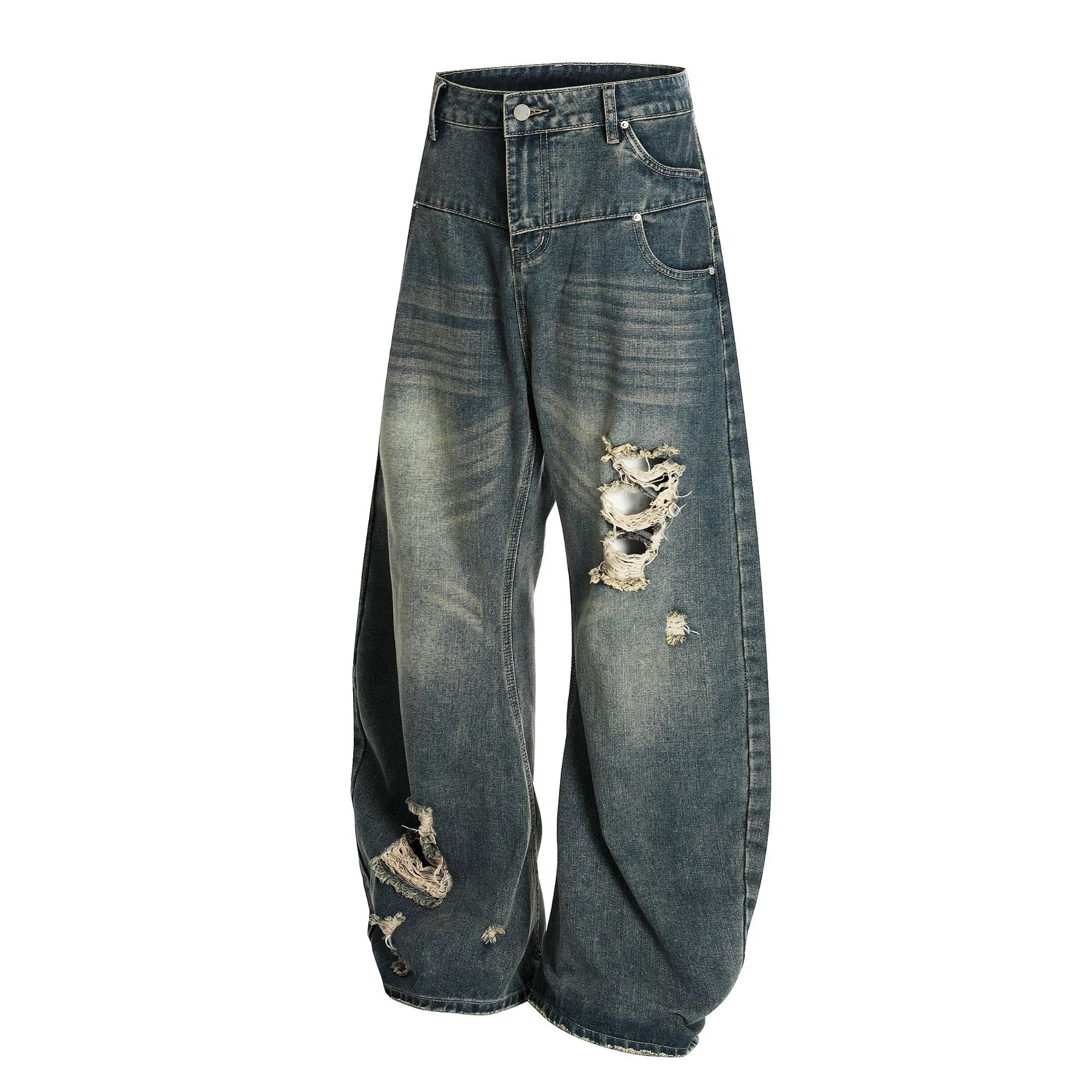 Jiayiku Trendy Brand  American Scimitar Pants Retro Washed Ripped Jeans Men's Straight-Leg Personalized Wide-Leg Pants display picture 4