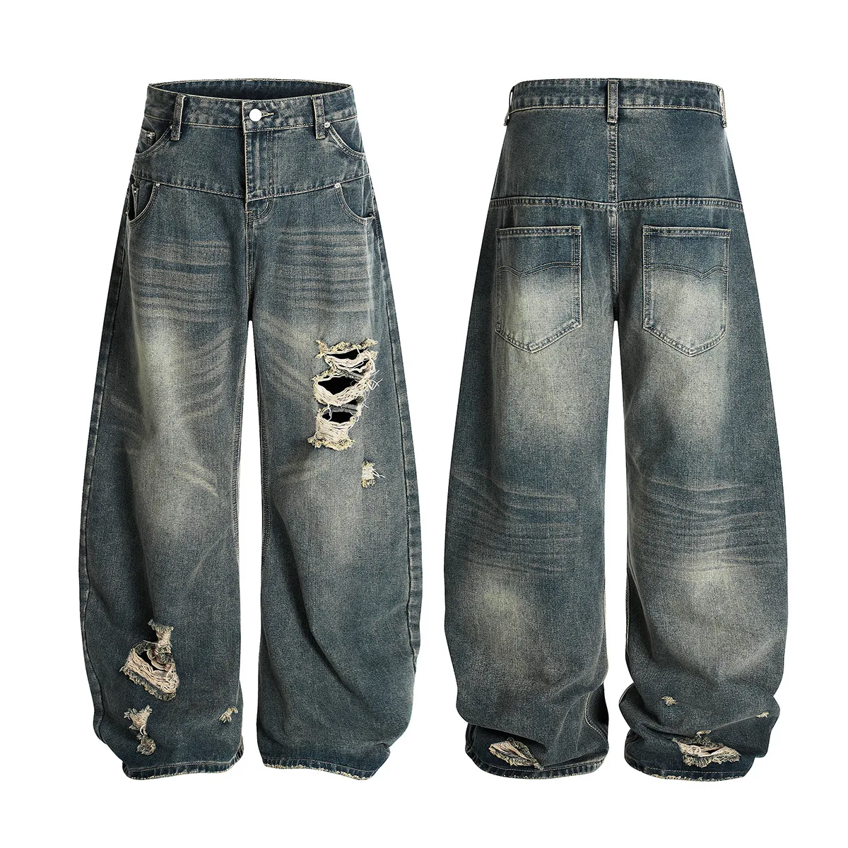 Jiayiku Trendy Brand  American Scimitar Pants Retro Washed Ripped Jeans Men's Straight-Leg Personalized Wide-Leg Pants display picture 2