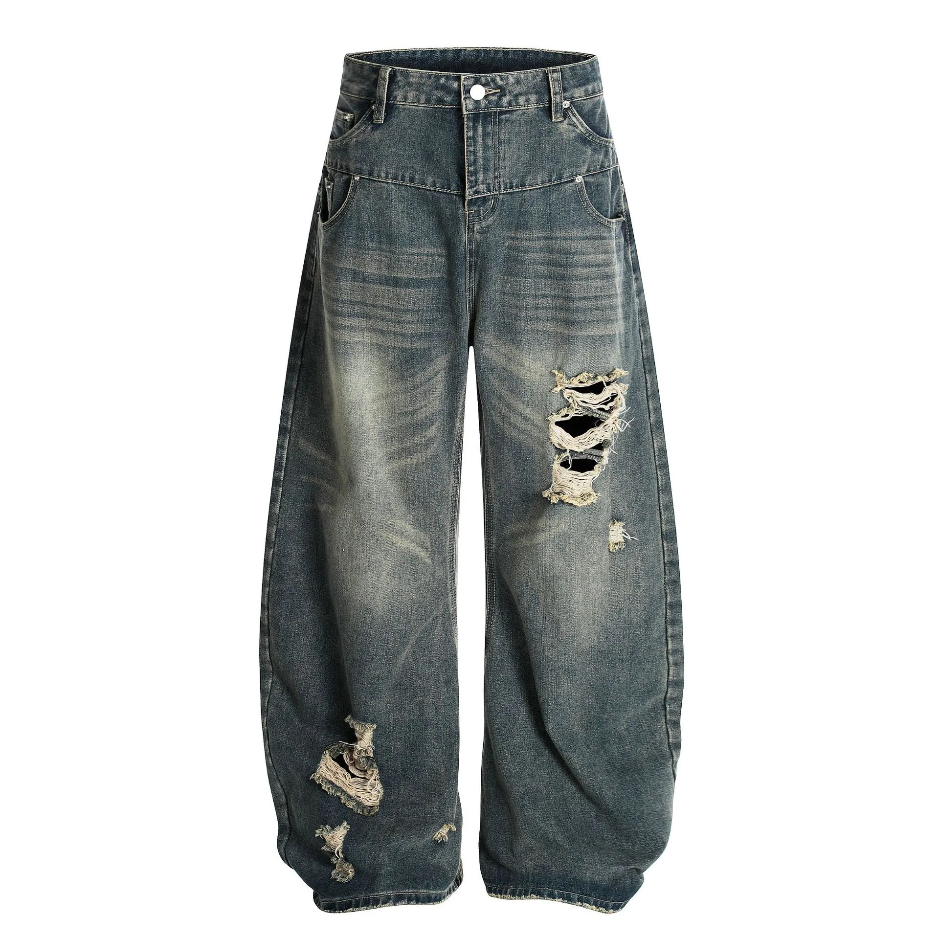 Jiayiku Trendy Brand  American Scimitar Pants Retro Washed Ripped Jeans Men's Straight-Leg Personalized Wide-Leg Pants display picture 3